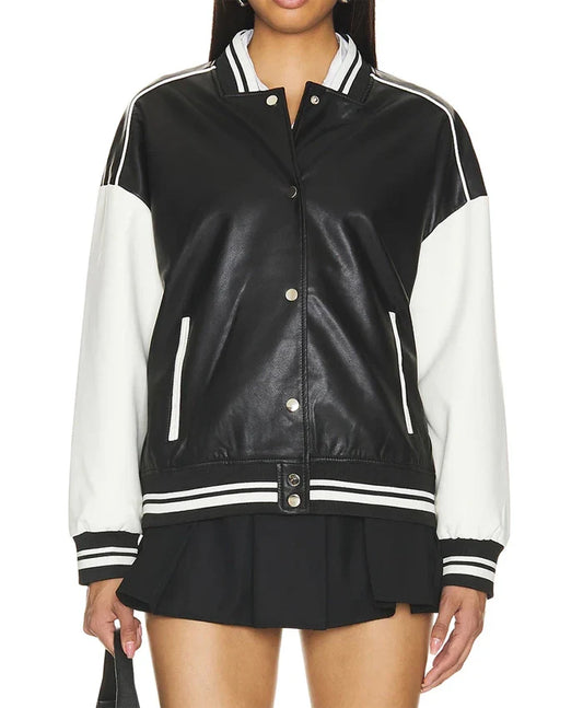 Black Varsity Bomber Leather Jacket With Stripes