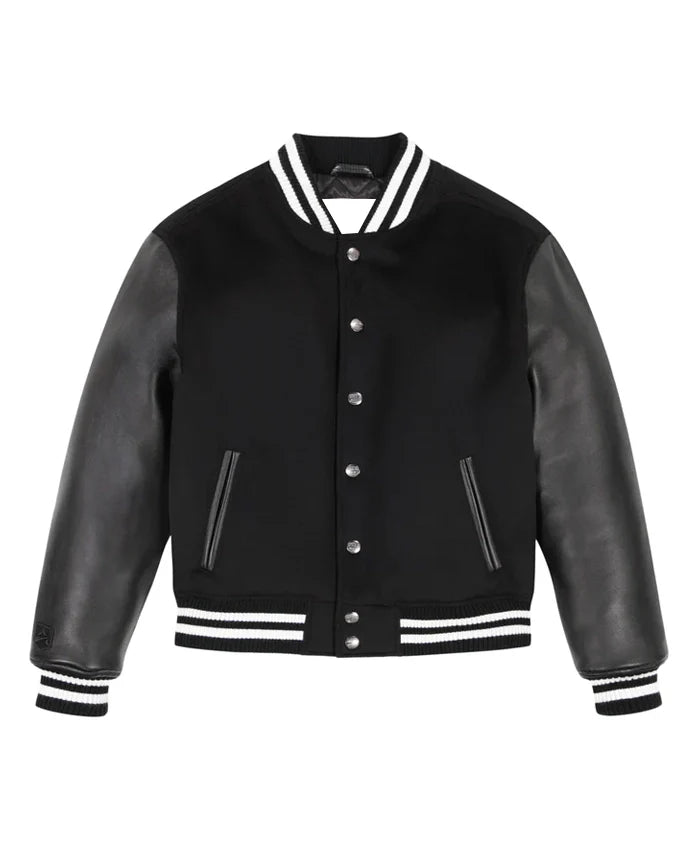 Black Wool Varsity Jacket - Recreated Inspired Edition With Leather Sleeves