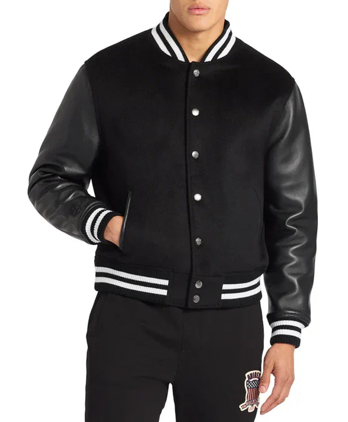 Black Wool Varsity Jacket - Recreated Inspired Edition With Leather Sleeves