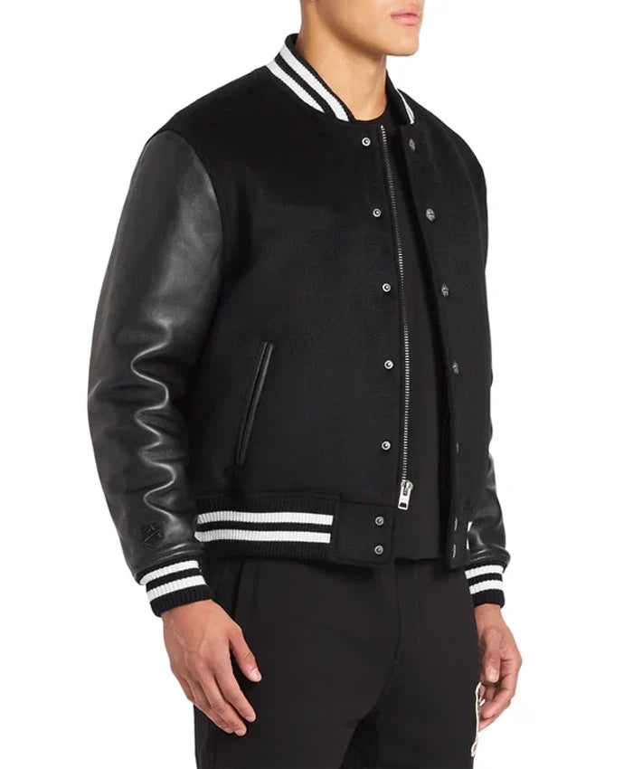 Black Wool Varsity Jacket - Recreated Inspired Edition With Leather Sleeves