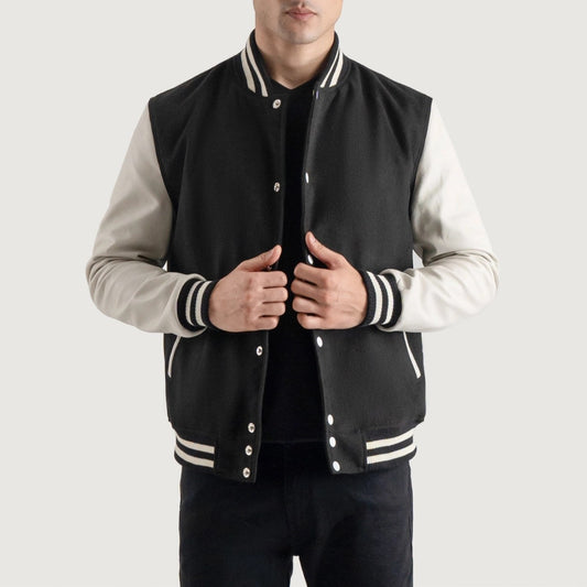 Black and White Wool & Leather Letterman Varsity Jacket - Recreated Inspired Edition