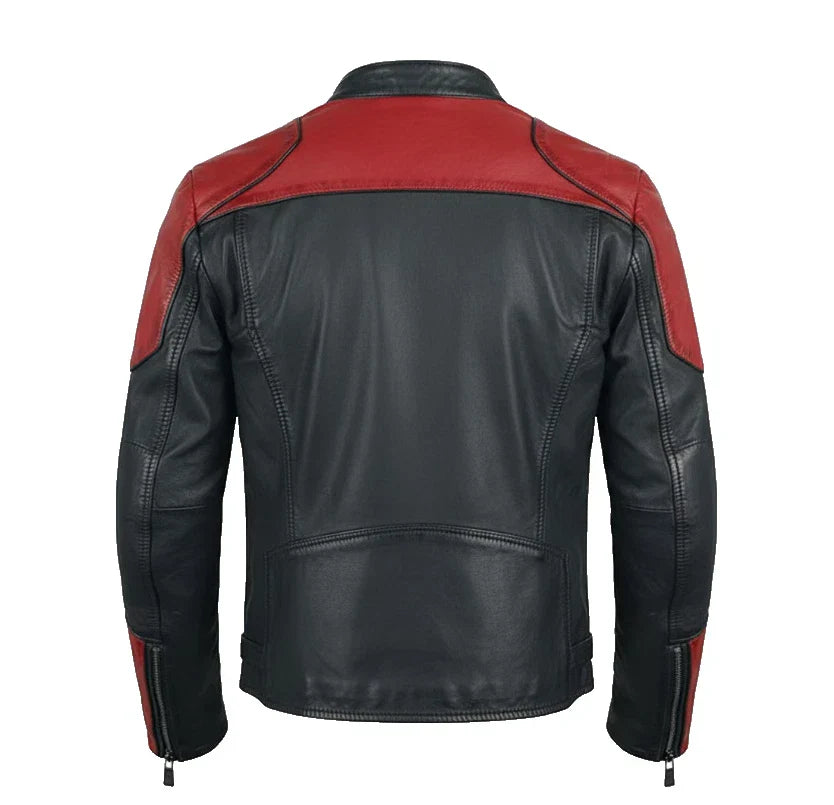 Black and red leather jacket on a white background