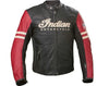 Black and red leather jacket with 'Indian Motorcycle' logo on a white background