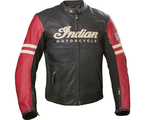Black and red leather jacket with 'Indian Motorcycle' logo on a white background