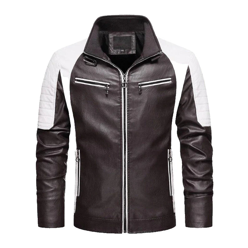 Black and white jacket with a zipper on a plain background