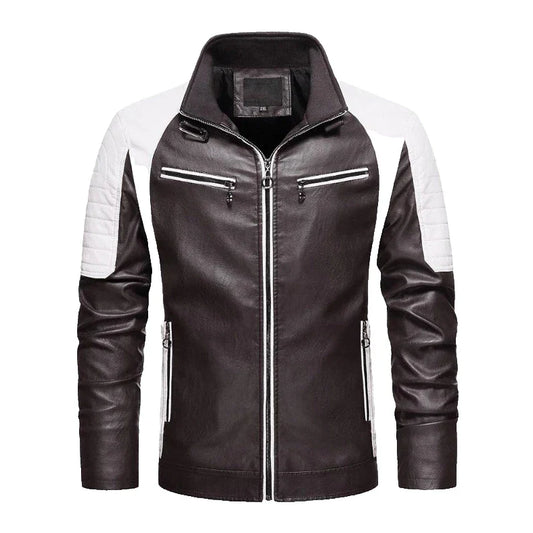 Black and white jacket with a zipper on a plain background