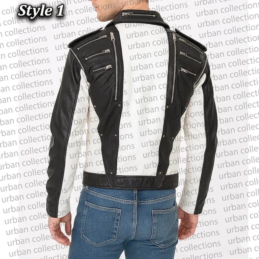 Black and white jacket with zippers on a white background with 'urban collections' text.