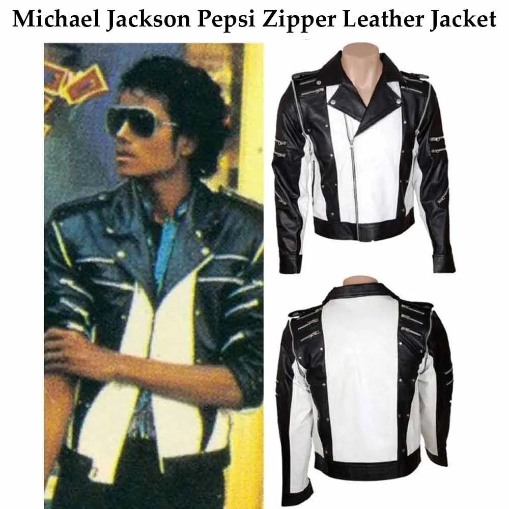 Black and white leather jacket with zipper, inspired by Michael Jackson's Pepsi advertisement.