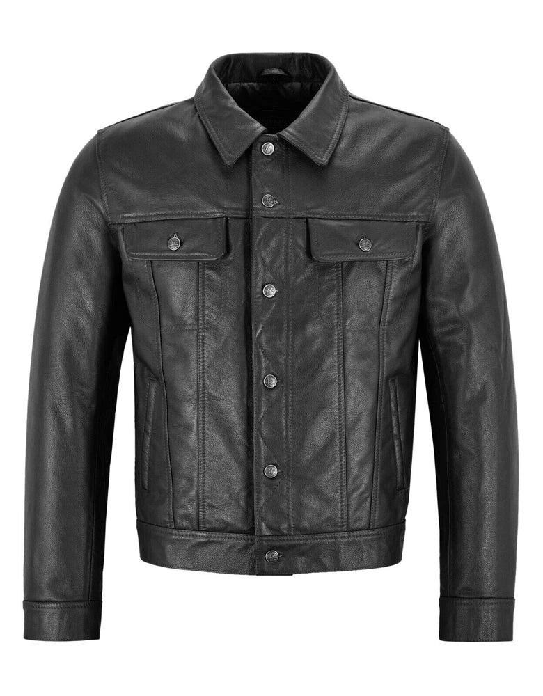 Black denim jacket on a plain background