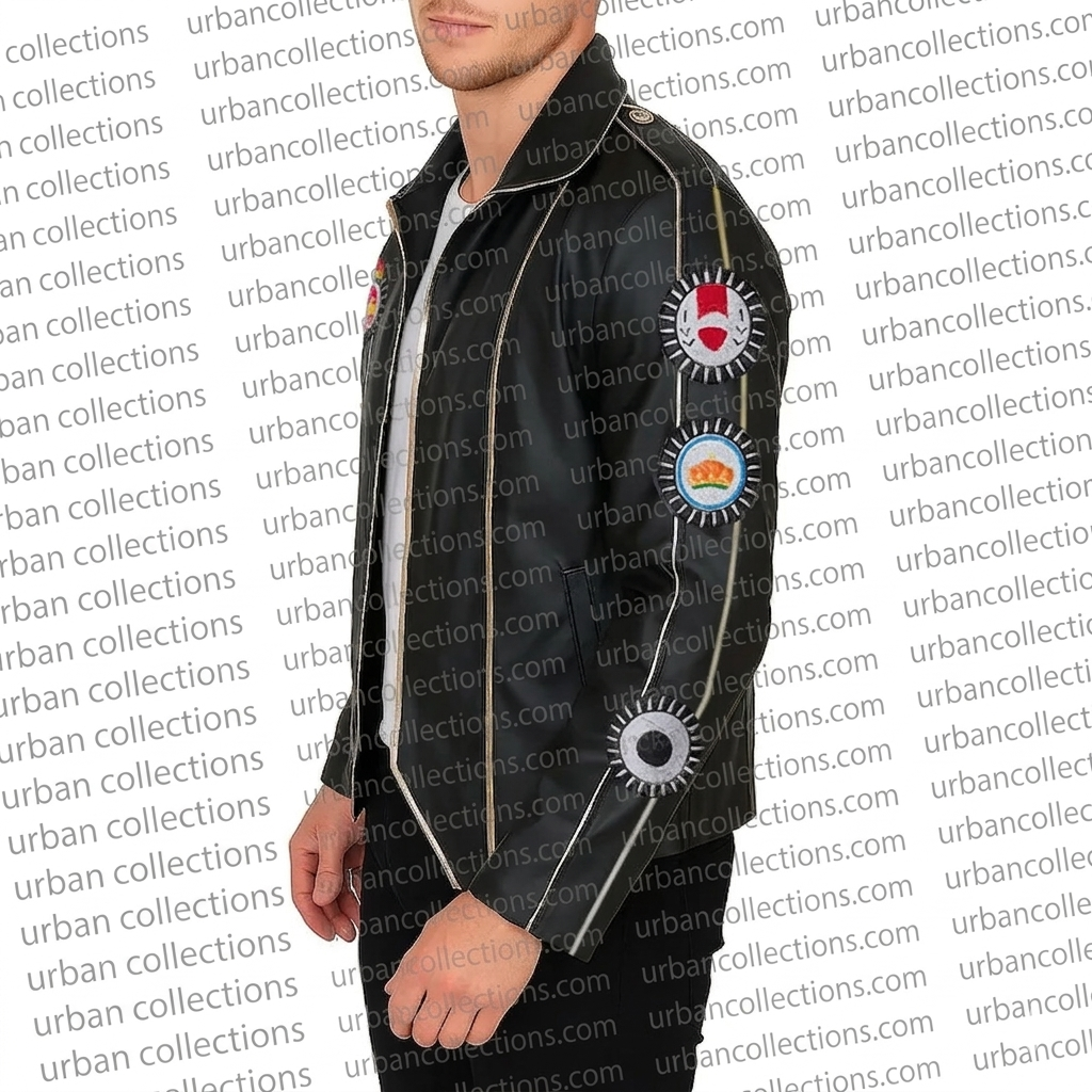 Black jacket with decorative elements on a white background with 'urbancollections.com' text.