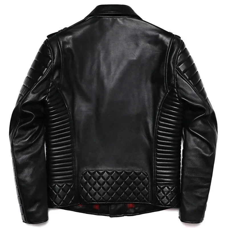 Black leather jacket with quilted design on a white background
