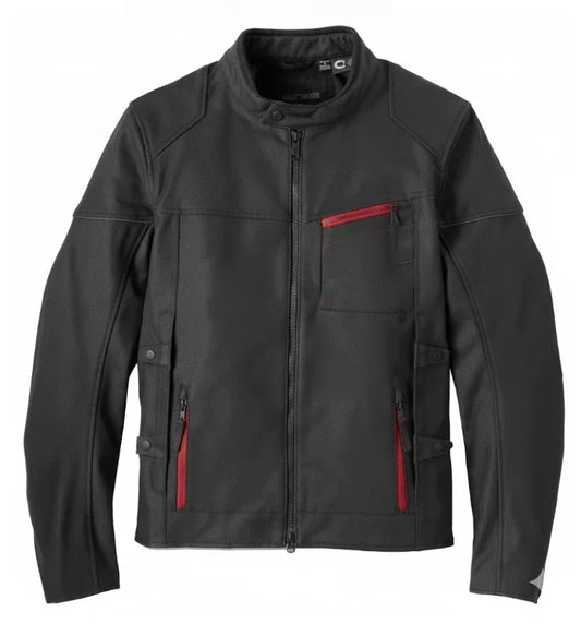 Black jacket with red accents on a plain background