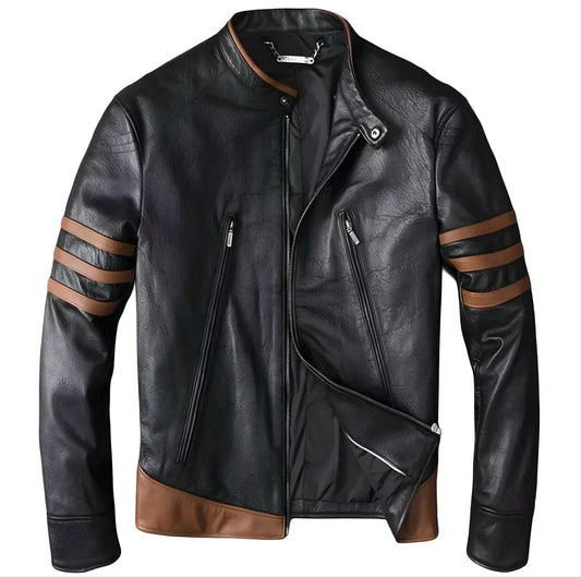 Black leather jacket with brown accents on a white background