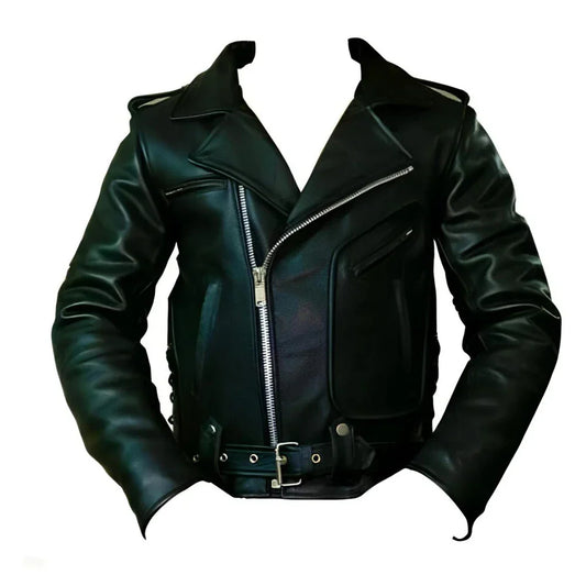 Black leather jacket on a white background