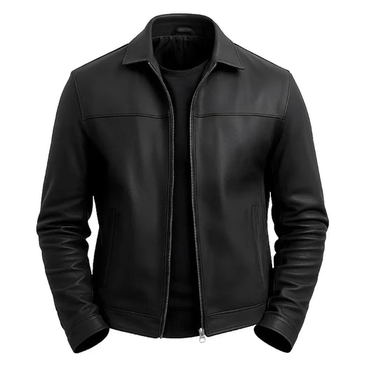 Black leather jacket on a plain background