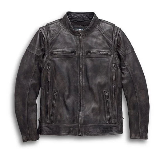 Black leather jacket on a white background
