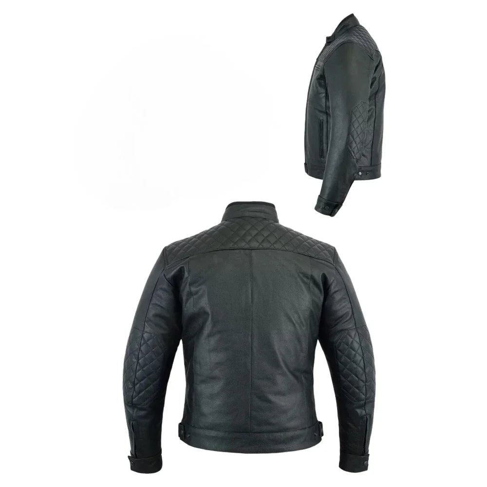 Black leather jacket shown from front and side on a white background