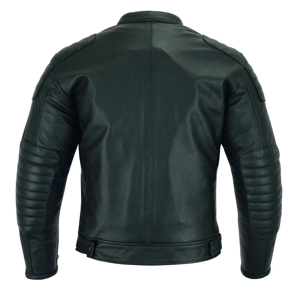 Black leather jacket shown from the back on a white background