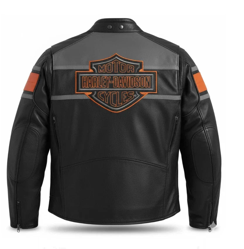 Black leather jacket with Harley-Davidson logo on a white background