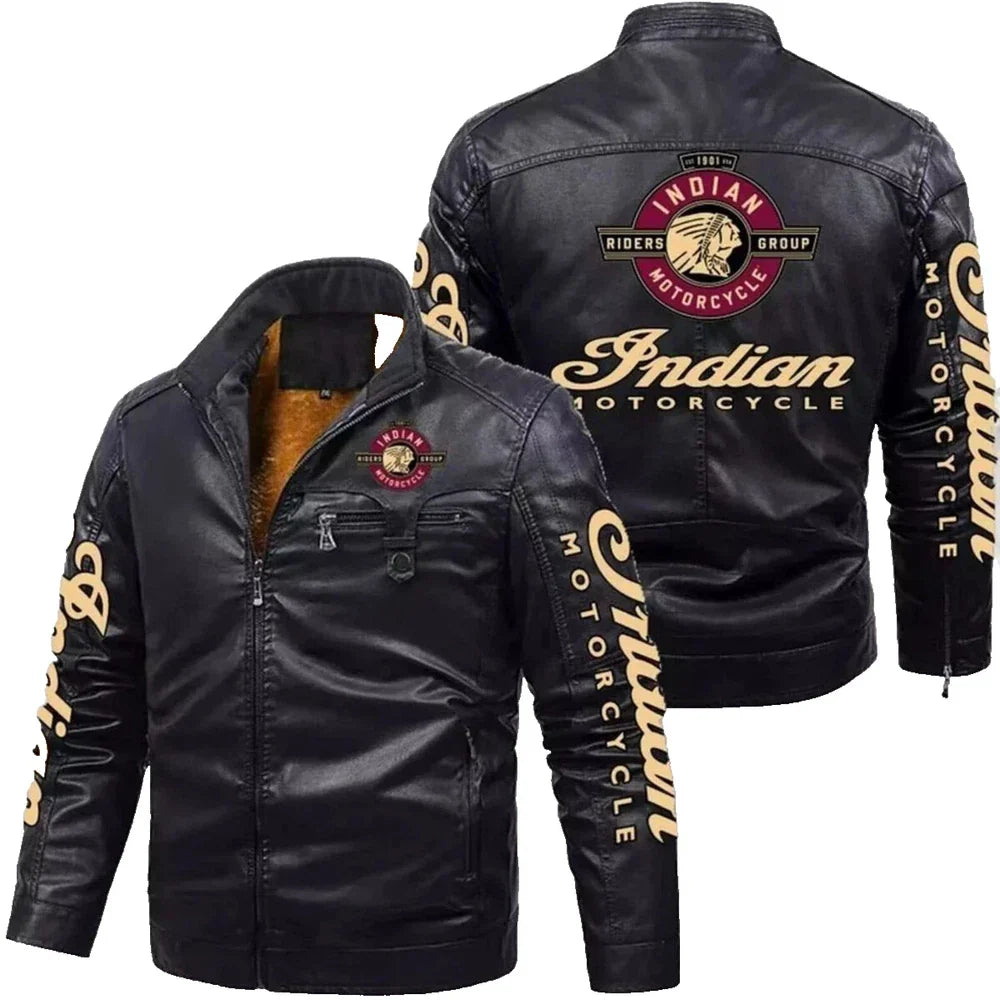 Black leather jacket with Indian Motorcycle branding on a white background