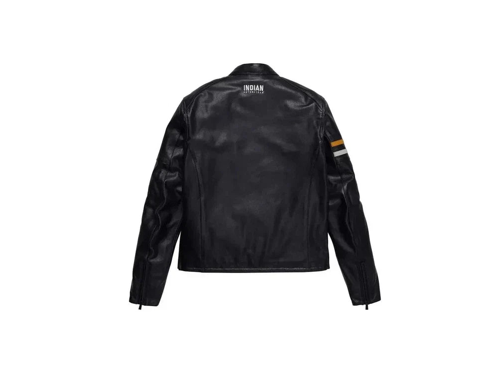 Black leather jacket with 'Indian' branding on a white background
