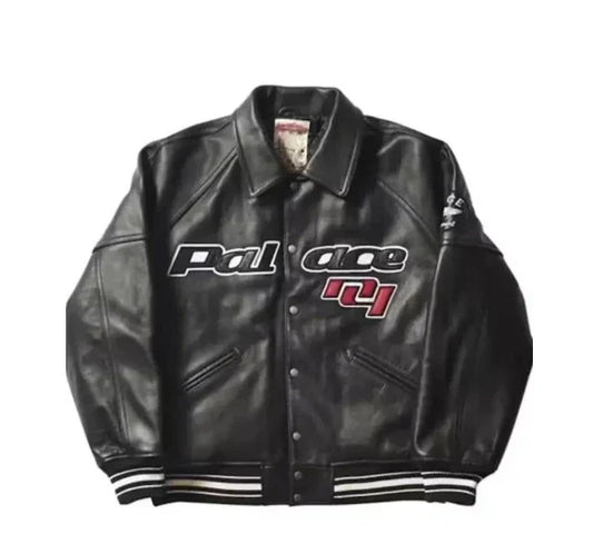 Black leather jacket with 'Palace' logo on a white background
