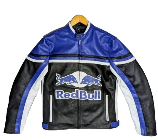 Black leather jacket with Red Bull logo on a white background