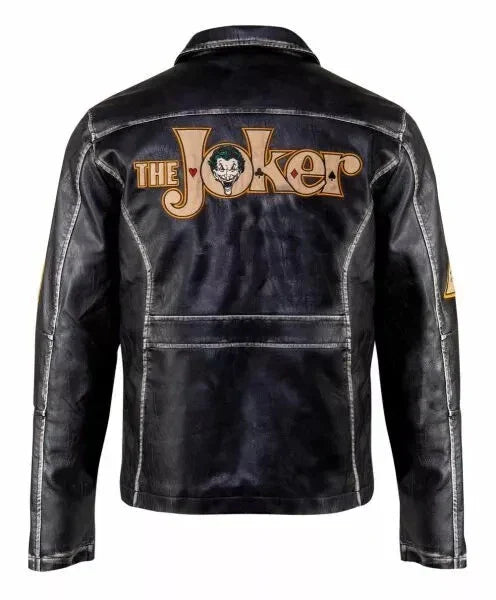 Black leather jacket with 'The Joker' logo on the back against a white background