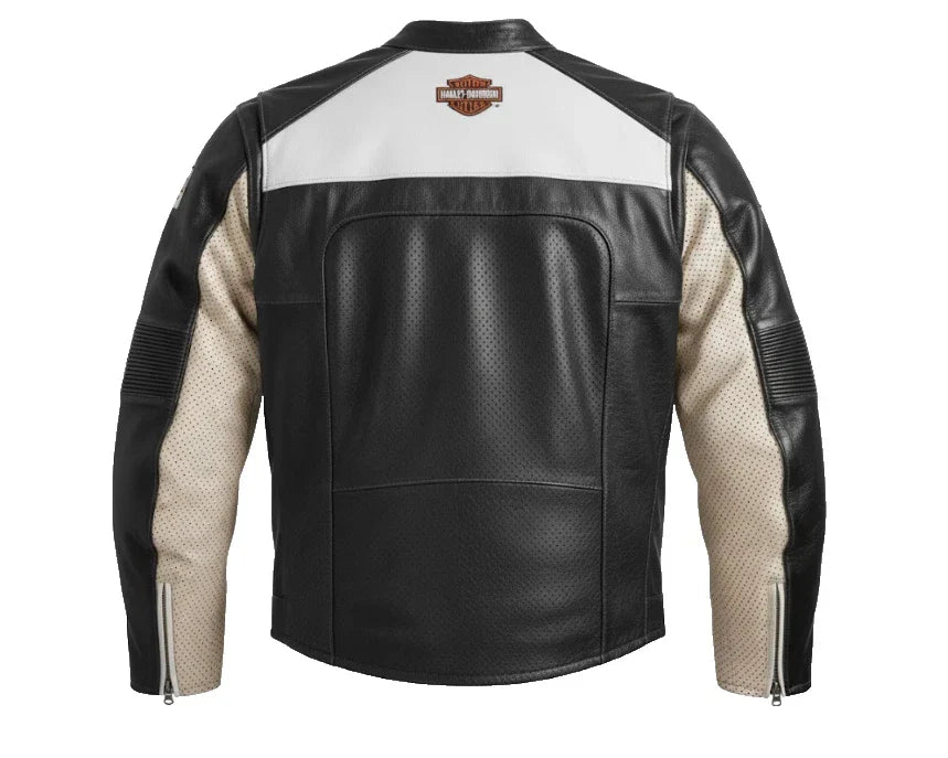Black leather jacket with beige sleeves and a visible brand logo on a white background