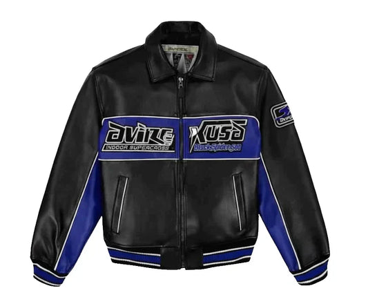 Black leather jacket with blue accents and brand logos on a white background