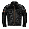 Black leather jacket with brown accents on a white background