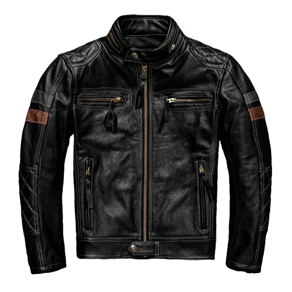 Black leather jacket with brown accents on a white background