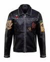 Black leather jacket with colorful patches on a white background