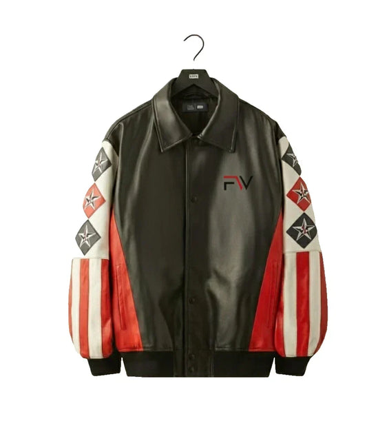 Black leather jacket with colorful sleeves on a hanger against a white background