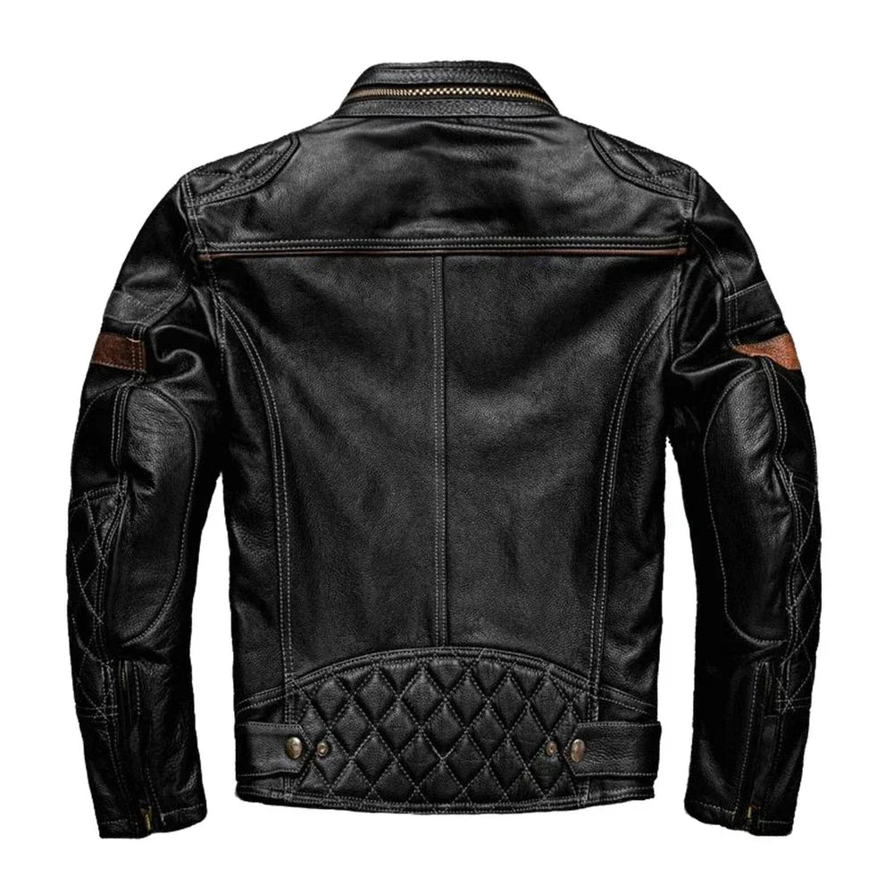 Black leather jacket with quilted design on a white background