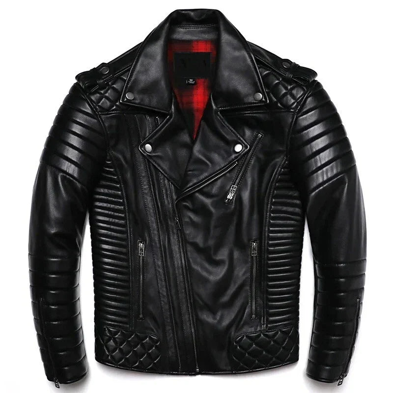 Black leather jacket with quilted details on a white background