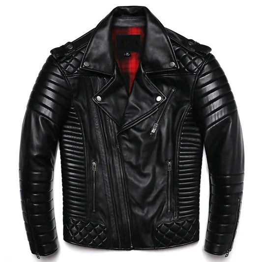 Black leather jacket with quilted details on a white background