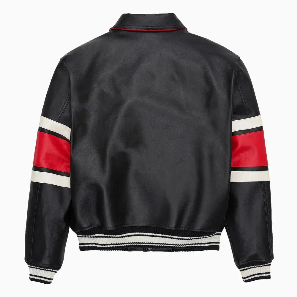 Black leather jacket with red and white striped sleeves on a white background