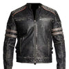 Black leather jacket with red and white stripes on a white background
