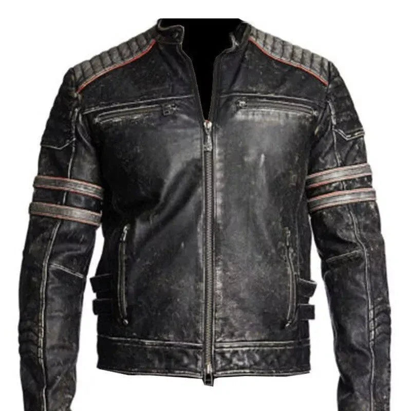 Black leather jacket with red and white stripes on a white background