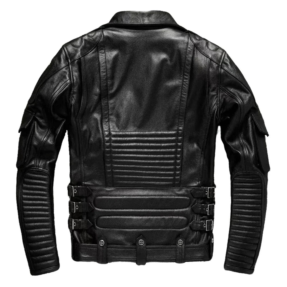 Black leather jacket with ribbed patterns and buckles on a white background