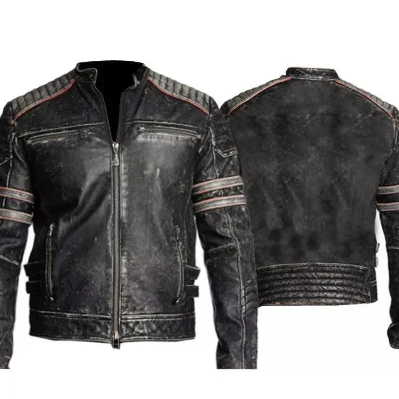 Black leather jacket with striped accents on a white background
