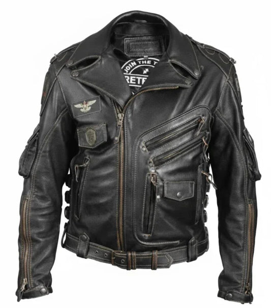 Black leather jacket with various pockets and patches on a white background