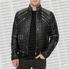 Black leather jacket with white accents on a gray background with 'urban collections' text.