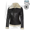 Black leather jacket with white fur lining on a white background