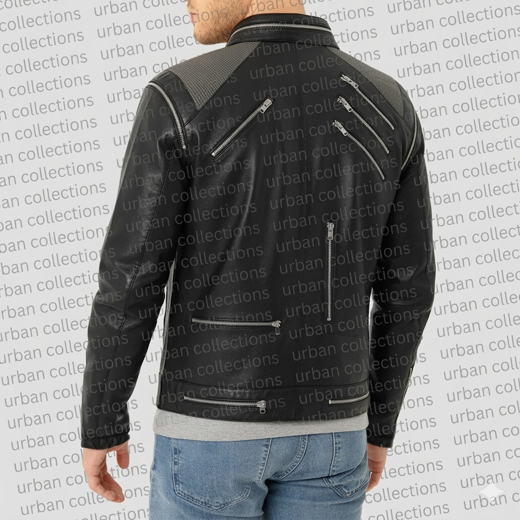 Black leather jacket with white stitching on a white background with 'urban collections' text.