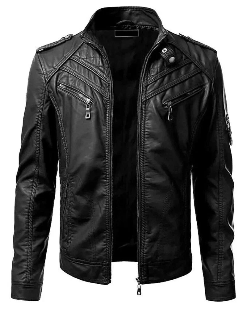 Black leather jacket with zippers on a white background