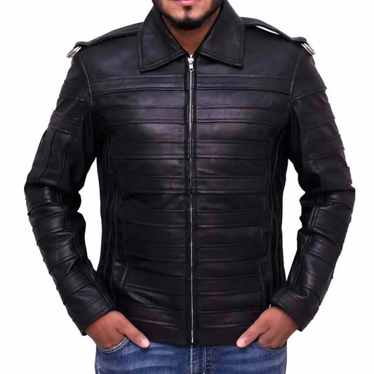 Black leather jacket worn by a person on a white background