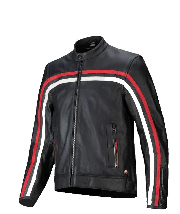Black leather jacket with red and white stripes on a white background
