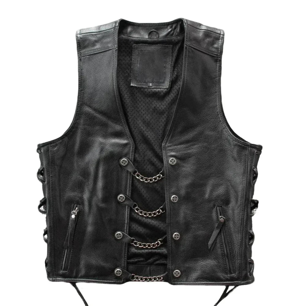 Black leather vest with buttons on a black background